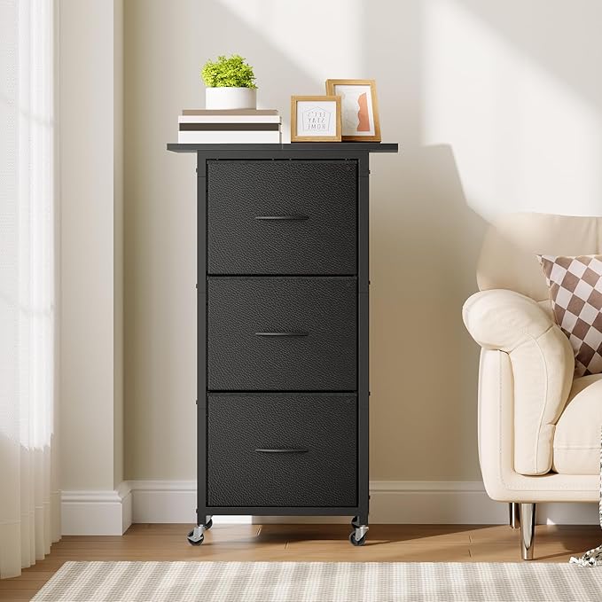 MAHANCRIS 3 Drawer File Cabinet, Vertical Filing Cabinet with Wheels, Printer Stand with Non-Woven Fabric Drawer, Adjustable Hanging Rods, fits A4/Letter Size, for Home Office, Black FCBK5901