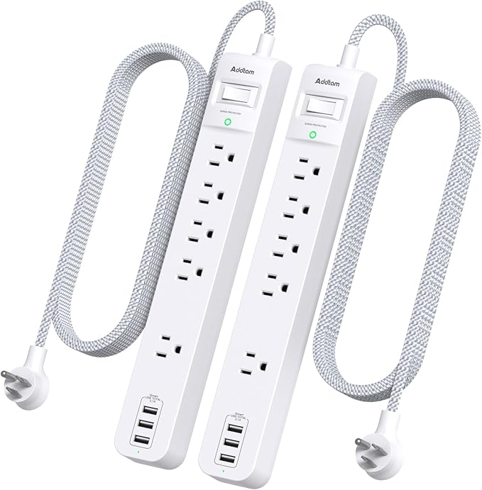 Addtam 10FT Power Strip Surge Protector, 5 Outlets with 3 USB Ports, Long Extension Cord Flat Plug, 1050J Overload Protection, Wall Mount, Desk Charging Station for Home Office Dorm Room Essentials