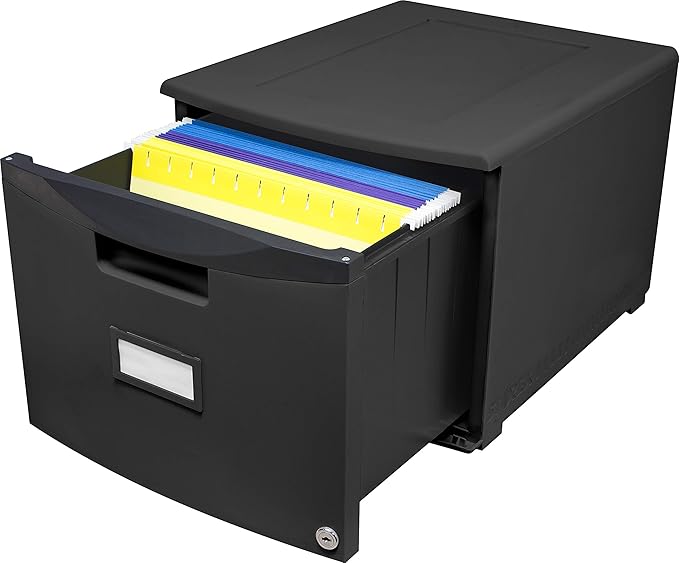 Storex Plastic One-Drawer File Cabinet – Locking Document Organizer for Home and Office, Black, 2-Pack (61265A02C)