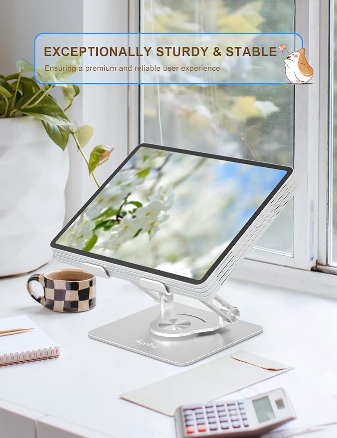 Aoviho Tablet Stand 360° Rotating Aluminum Holder, Adjustable, Portable and Foldable Monitors Stand for iPads, Compatible with 4-12.9" Tablets, Silver