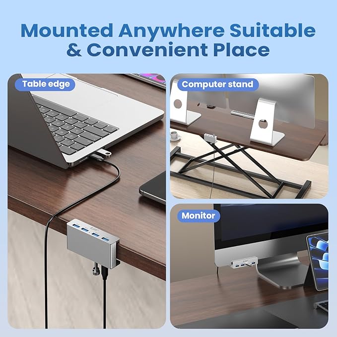 EJAY USB 3.0 Hub with Adjustable Clamp, 4-Port Powered Hub for iMac, PC, Laptop(59inches Data & 39inches Power Cables)