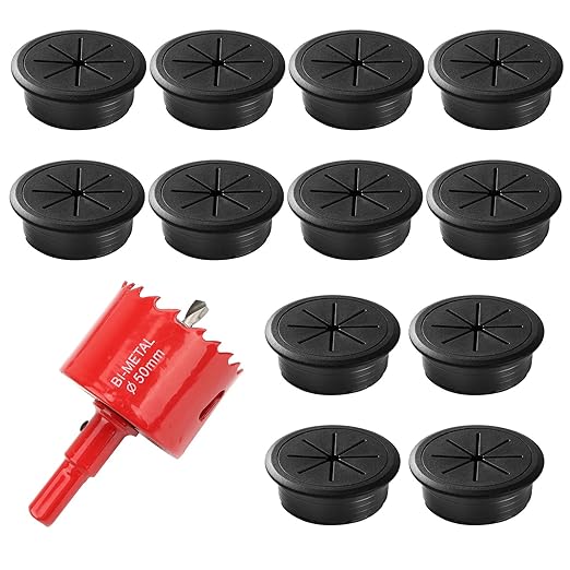 12pcs Desk Grommet Kit 2in(50mm) Black Desk Hole Cover Cable Grommet Desk Cord Hole Cover with 1pcs Hole Saw Drill Attachment for Office Home Table Cable Use Wires Cables Through The Countertop