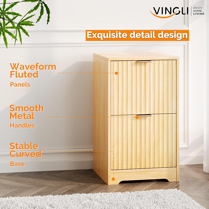 VINGLI 2 Drawer File Cabinet, Home Office Filing Organizer, for Letter Size File Folder Storage, Modern Style Fluted Design, Wood Vertical Filing Cabinet, Printer Stand, Archivador (Oak)