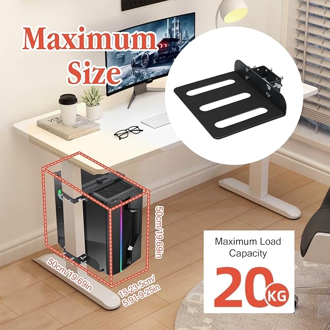 PC Mount Under Desk - No Drilling, Adjustable Height and Width Clamp Leg PC Bracket, Computer Mount Under Table for Standing Desks with 44lb Capacity