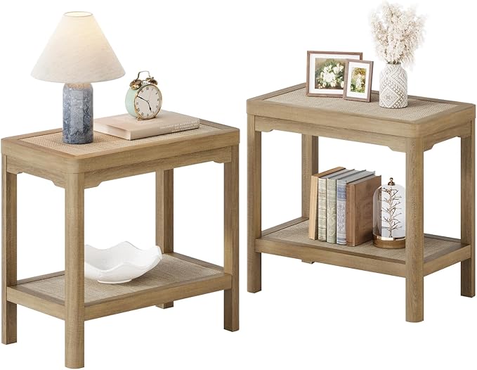 Eclatara Night Stand Set of 2, Farmhouse End Table with 2 Tier Boho Rattan Shelves, Side Tables with Round Edge Design, Ultra-Thick Legs Bedside Nightstand for Bedroom, Caramel Oak