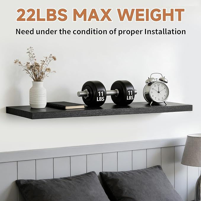 Easy Install Floating Shelves, 15.6 Inch Wall Mounted Wooden Shelf, Small Hanging Shelf for Home Decor, Books and Storage, Organizer for Bedroom, Bathroom, Kitchen, Set of 3, Dark Black
