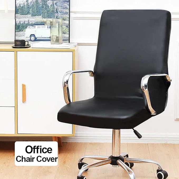Shukii Waterproof Office Chair Cover PU Leather Computer Seat Covers Stretch Rotating Chair Slipcover with Elastic Bottom Universal Chair Protectors for Rotating Boss Chair (Black, Small)