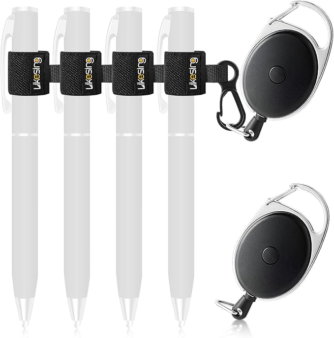 Likesing 4 Black Retractable Pen Holder, 27.5" Reel Elastic Pen Leash Retractable Pencil Holder with 2 Belt Clip for Nurses, Teachers, Waitres, Carpenters, Construction Workers(Black)