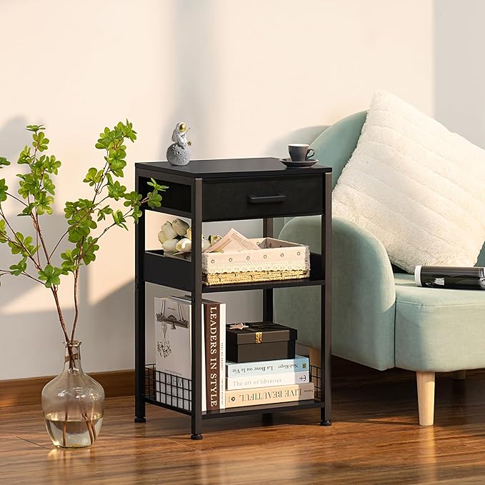 Lerliuo Pure Black Printer Table with Fabric Drawer,3 Tier Industrial Wood Printer Stand with Storage Shelf,Modern Tall End Table,Nightstand,Bed Side Tables for Scanner Fax Home Office Small Spaces