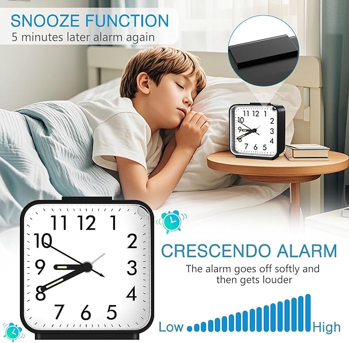 AMIR Analog Alarm Clock, Silent Non Ticking Small Clock, Travel Alarm Clock with Snooze & Light, Ascending Beep Sounds, Battery Operated Loud Alarm Clock for Bedroom, Bedside, Desk (Black)