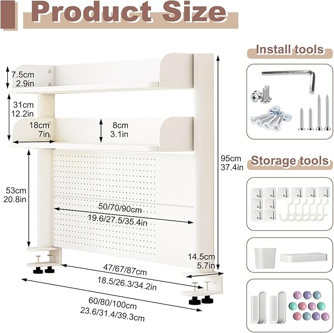 Clamp On Desk Organizer Shelf,White Desk Extender Pegboard Workstation,Computer Desk Accessories for Office, Desktop Shelving System,Desktop Bookshelf Storage Shelves for Desk,23.6in