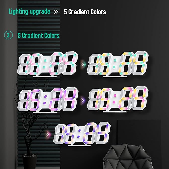 3D LED Digital Wall Clock 9.7" RGB Neon Alarm Clock, Large Display Desk/Wall Clock for Bedroom Living Room, 7 Colors Night Light, Adjustable Brightness, Time Date Temperature, 12/24H