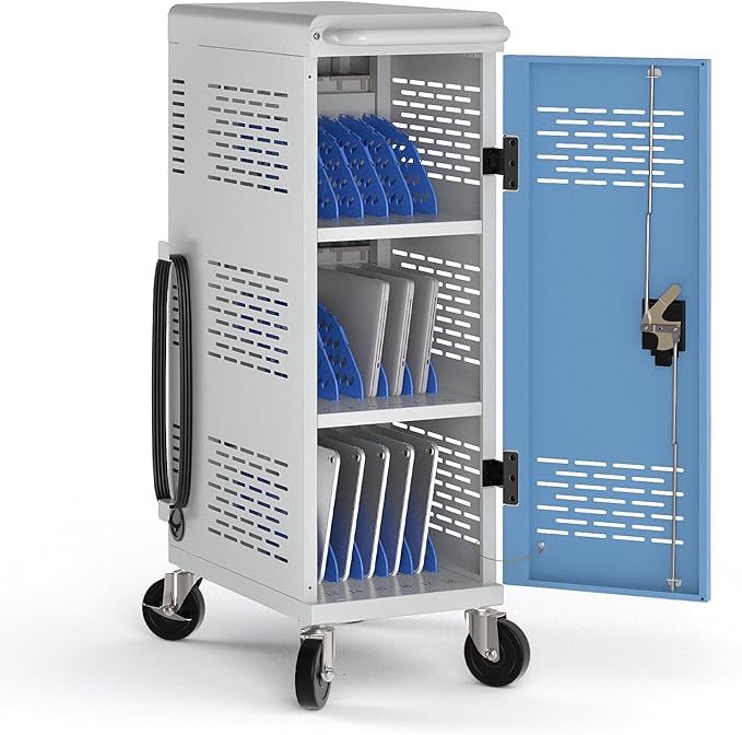 Fully Assembled 18-Device Charging Cart for Chromebook - Locking Laptop Cabinet with Cable Management, Cord Organization, Power Strip - Locks and Stores Tablets up to 14'' and 1.4'' Thick (Gray)