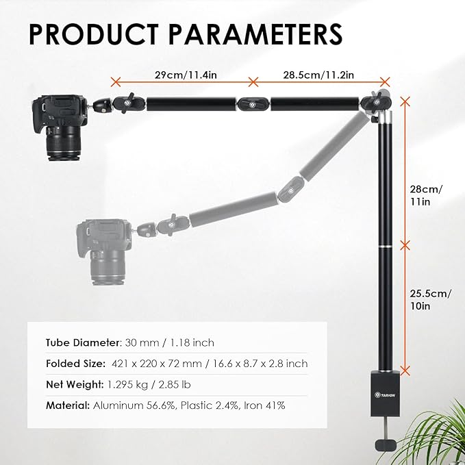 TARION Camera Desk Mount Overhead: Articulated Camera Arm Stand with Clamp 3/8'' 1/4'' Screws Adjustable Table Mount Flexible Gear Joints for DSLR, Phone, Projector TKA01-L (Upgraded Version)