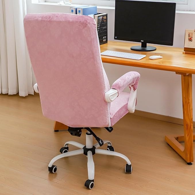 FORCHEER Office Chair Cover with Armrest Cover Pink Velvet Stretch Computer Chair Covers with Arm Reat Slipcovers Large Washable