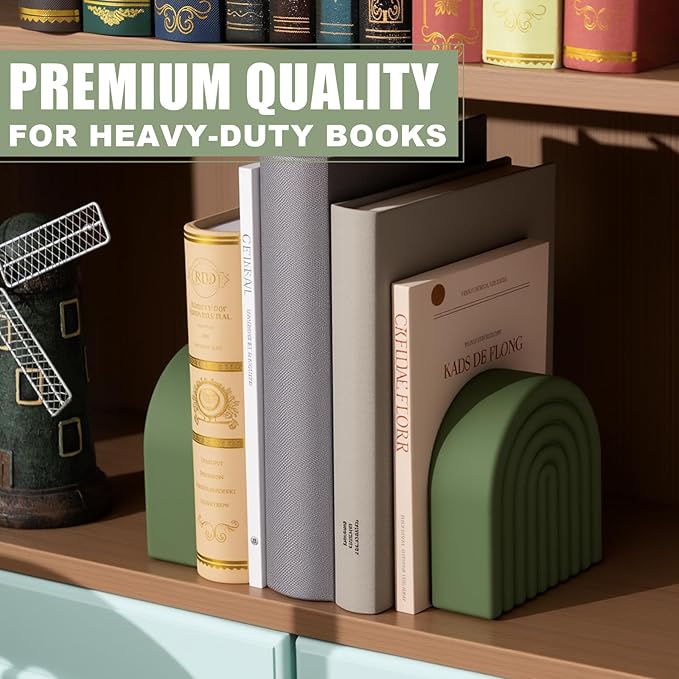 2 Pcs Boho Arch Concrete Bookends for Shelves Decorative Rainbow Book Holder Stopper with Anti Slip Pads for Heavy Books Home Office Aesthetic Library Decor(Sage Green)
