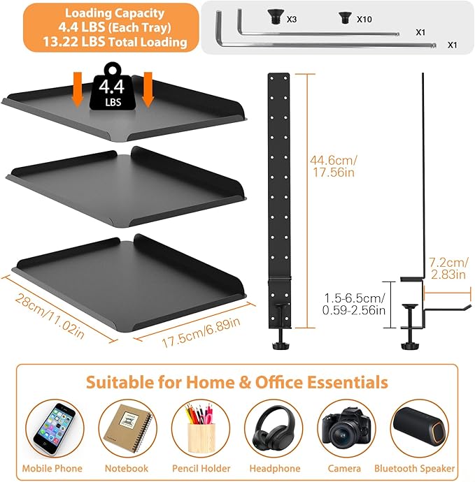 3 Tier Clamp On Desk Shelf with Adjustable Metal Storage Tray & Headphone Stand Above or Under Desk Storage Heavy Duty Shelving Unit No Drilling Desktop Shelves Fits Desks up to 2.5in Thick