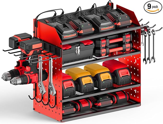 CCCEI Modular Desk Power Tools Organizer with Charging Station, 4 Layer Drills Battery Storage Wall Mount, Garage Shop Organization, Anniversary, Birthday, Gifts for Men, Father, Red, 6FT Cord.