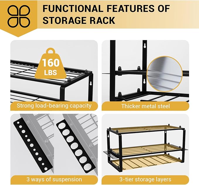 Power Tool Organizer, Small Iron Storage Rack, 3 Layer Metal Wall Mount Shelf Cordless Drill Hanger Storage Rack,Battery Tools Holder,for Garage Organization,Workshop,Pegboard 18x8.2x7.8 Inches