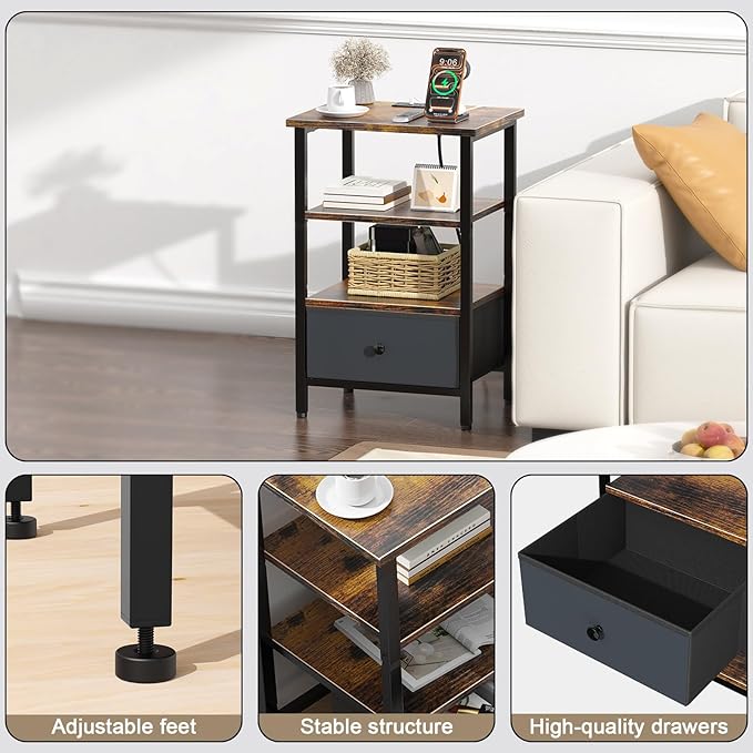 Side Table with Charging Station, Nightstand with Adjustable Fabric Drawer, Bedside Table for Bedrooms, Living Rooms & Home Decor (Brown Black)