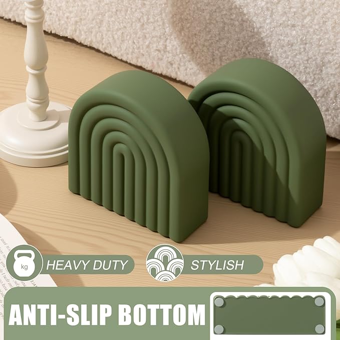 2 Pcs Boho Arch Concrete Bookends for Shelves Decorative Rainbow Book Holder Stopper with Anti Slip Pads for Heavy Books Home Office Aesthetic Library Decor(Sage Green)