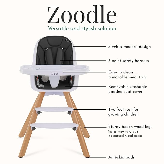 Evolur Zoodle 2-in-1 High Chair for Baby & Toddler – Convertible High Chair to Toddler Chair, Padded Seat, 5-Point Safety Harness, Dual Dishwasher-Safe Trays, Solid Beechwood Legs – Black