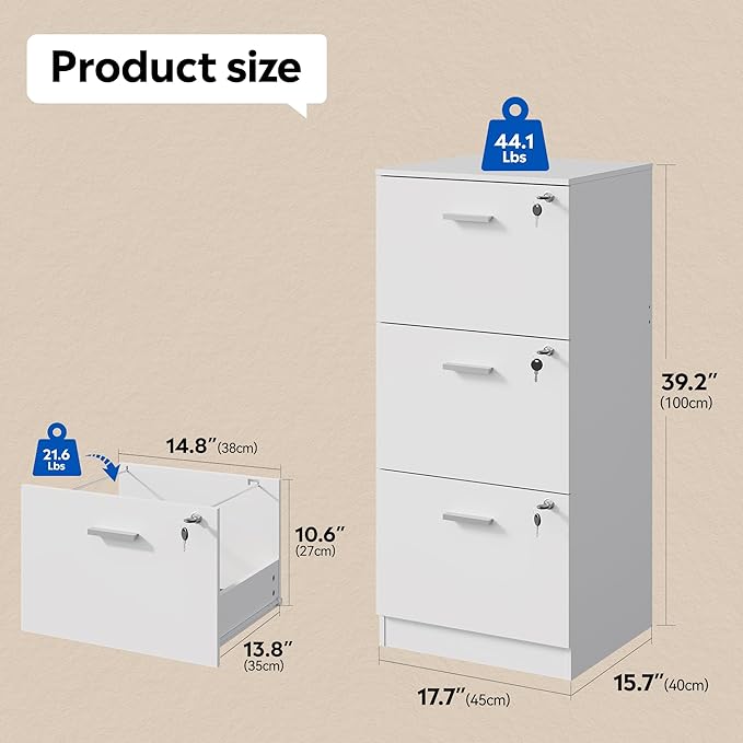 DEVAISE 3 Drawer File Cabinet, Vertical Wood Filing Cabinet for Home Office, Office Printer Stand for Letter and A4 Size, White