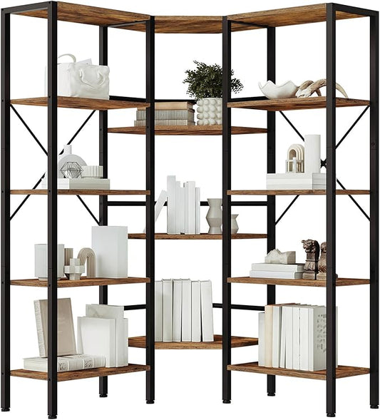 HOOBRO Industrial Corner Bookshelf, 5-Tier L-Shaped Bookcase, Open Display Storage Rack, Floor Standing Storage Shelf, for Living Room, Bedroom, Home Office, Rustic Brown and Black BF68SJ01