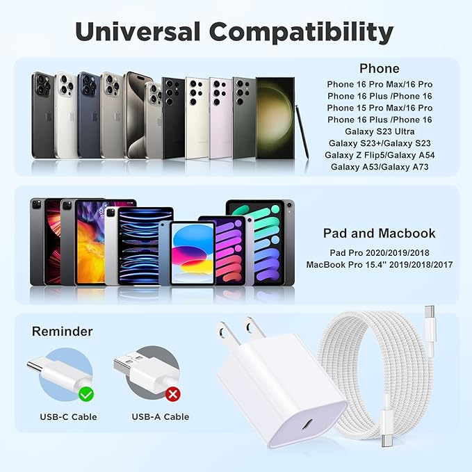 Fast Charging for iPhone 15 16 Pro Max Charger Colorful, 3Pack 20W USB C Fast Chargers Block with 6/6/10ft Long USB C to C Braided Cable Compatible with iPhone 16/15 Pro/15 Plus/iPad Pro 13/12.9，White