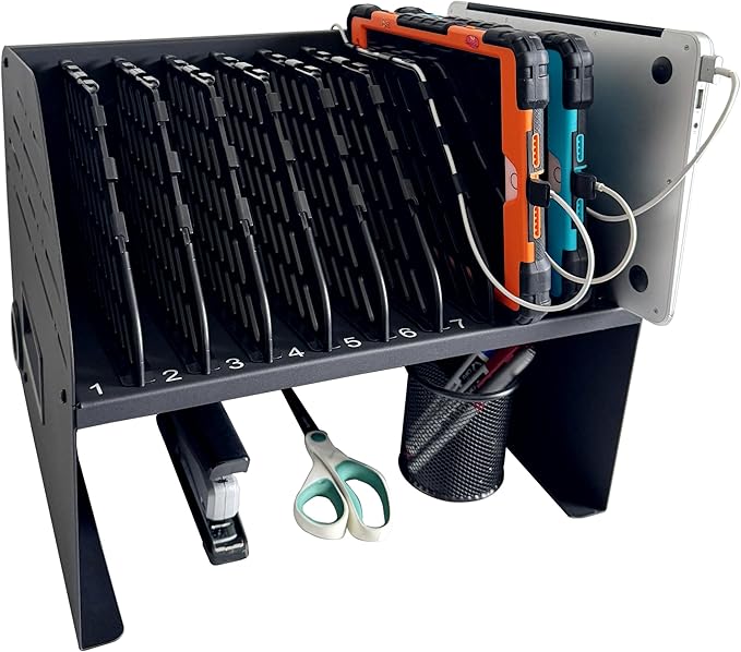 Laptop Charging Station for Classroom, Office, or Home, 10-Device Organizer with 6 AC Outlets & 4 Fast-Charging USB Ports, Fits Laptops, Tablets & E-Readers up to 1.375" Thick, 15.6"