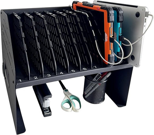 Laptop Charging Station for Classroom, Office, or Home, 10-Device Organizer with 6 AC Outlets & 4 Fast-Charging USB Ports, Fits Laptops, Tablets & E-Readers up to 1.375" Thick, 15.6"