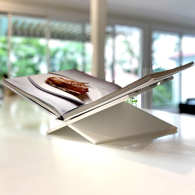 Large White Acrylic Book Stand, 12.5" x 9.5" x 5.5”, Acrylic Book Holder, Open Bookstand for Display and Reading Cookbooks, Art Books, Bibles, Magazines - Home and Office