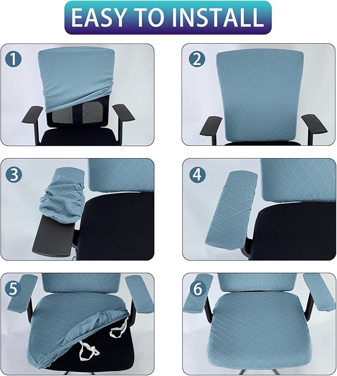 4 Pcs Office Chair Cover Set with 4 Extra Elastic Straps Universal Protective Office Chair Covers Stretchable Desk Chair Cover Office Armrest Cushion Backrest for Rotating Chair (Blue)