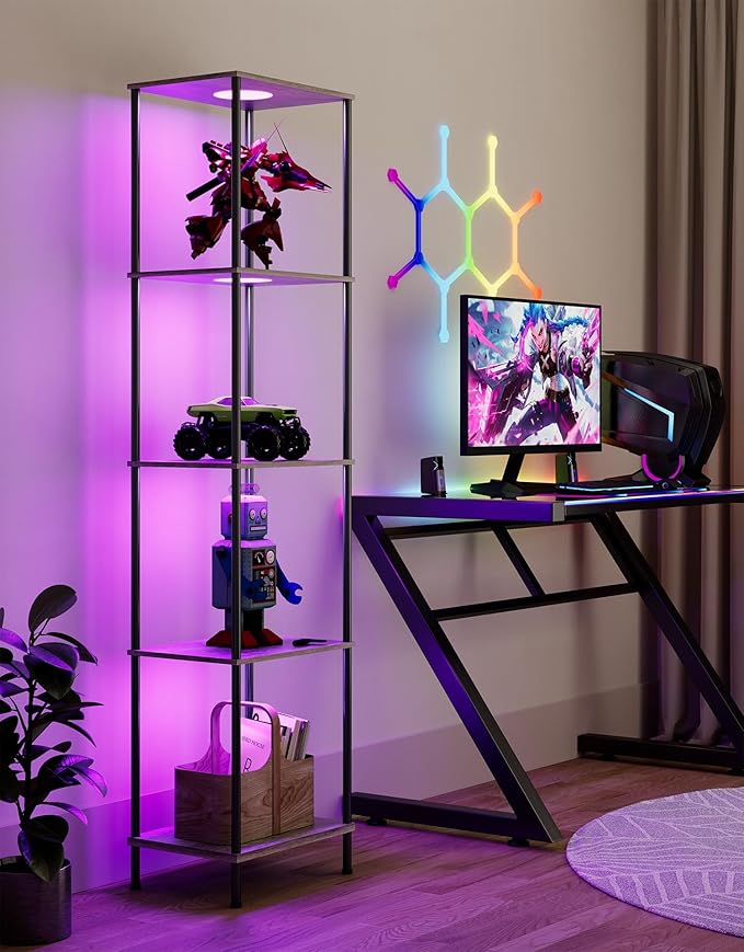 Display Shelf with RGBW Light, Color Changing Curio Cabinet Floor Lamp with Shelves Corner Standing Column Lamp Etagere Organizer Tower Nightstand Bookcase for Living Room Bedroom Office Décor, Gray
