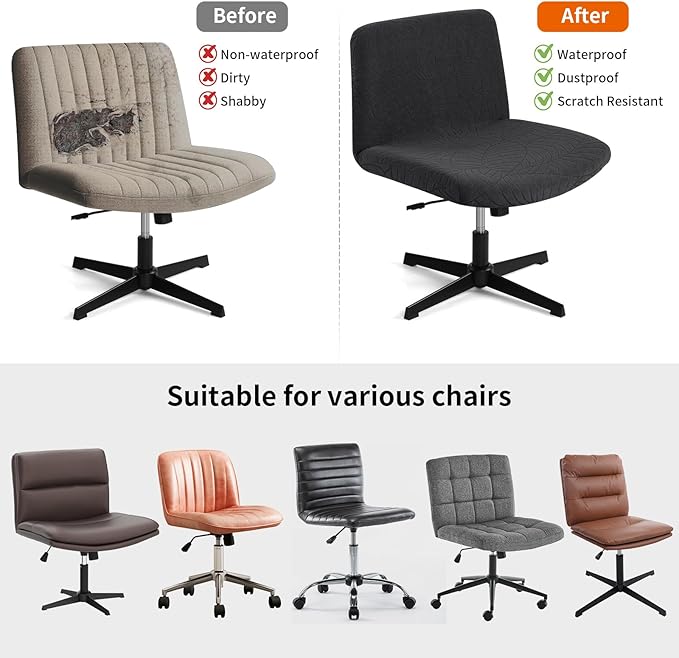 Fuloon Criss Cross Chair Cover, Waterproof, Stretchable, Solid Jacquard, Suited for Armless/Office/Desk/Mid Back Wide Seat/Computer/Task/Vanity/Accent Chair (Leaves -Shaped Jacquard, Black)