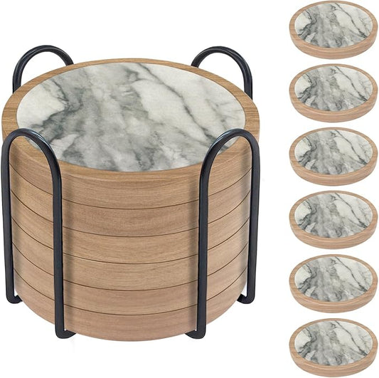 6 Pack Absorbent Coasters Set with Holder Wood Coasters for Drinks Housewarming Gifts for Home Decoration Cup Coasters for Coffee Tabletop Protection 4.3 Inch