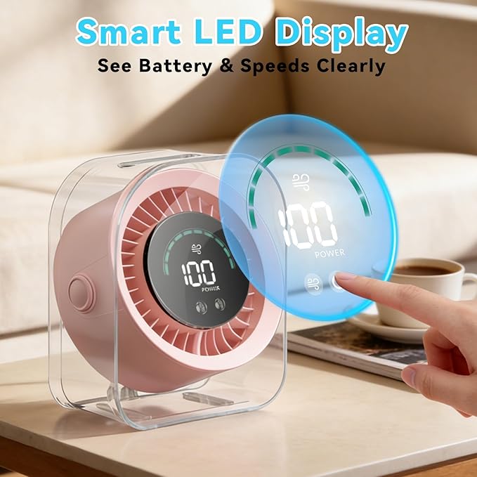 FOWSEEK Small Portable Desk Fan, 4000mAh USB Rechargeable Mini Table Fan with 100 Speeds Turbo Airflow, 360° Adjustable, LED Display, Quiet Desktop Cooling Fans for Home Office Travel-Pink
