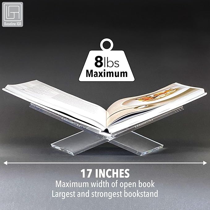 Medium Clear Acrylic Book Stand, 8.7” x 6.3” x 3.6”, Acrylic Book Holder, Open Bookstand for Display and Reading Cookbooks, Art Books, Bibles, Magazines - Home and Office