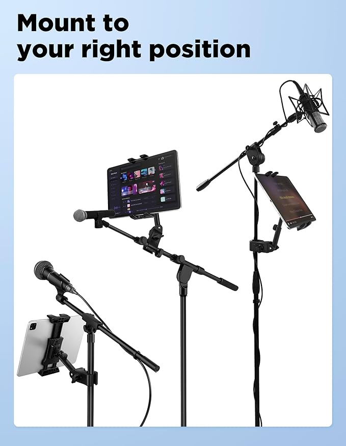 Tablet Holder for Mic Stand with Power Bank Clip - Adjustable iPad/iPhone Mount for Music Stand, Compatible with Screen Devices from 4.7-13.5" Smartphones, Android - Outdoor Streaming & Recording