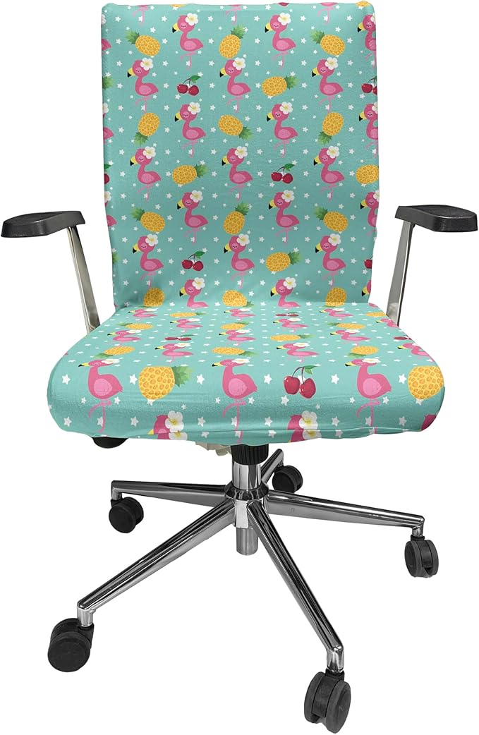 Ambesonne Cartoon Office Chair Cover, Exotic Flamingos Pineapple and Cherry Branches on Stars Backdrop Print, Stretchable Decorative Universal Size High Back Printed Slipcover, Teal Pink