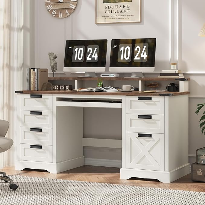 60" Farmhouse Executive Desk with 8 Drawers, Wood Computer Desk with Keyboard Tray and Charging Station, Home Office Desk Writing with File Drawer Fits A4 Size for Work and Study, White and Brown