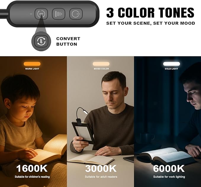 Rechargeable 20 LED Book Lights for Reading at Night - Energy Saving with Extended 60Hrs Runtime, 15-Level Stepless Dimming, Flexible Lightweight Clip on Light for Studying, Travel, Black
