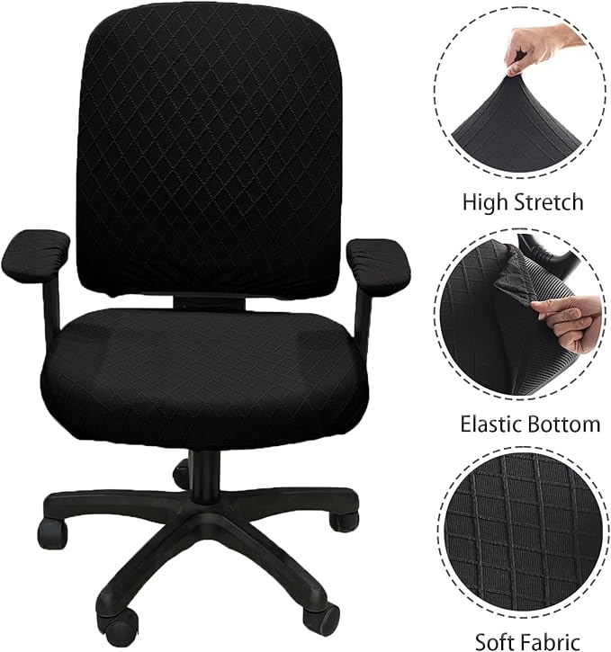 Stretch Jacquard Office Chair Cover with Armrest Covers, Removable Washable Desk Chair Cover, Anti-dust Seat Cushion Protectors -Seat + Backrest, Black