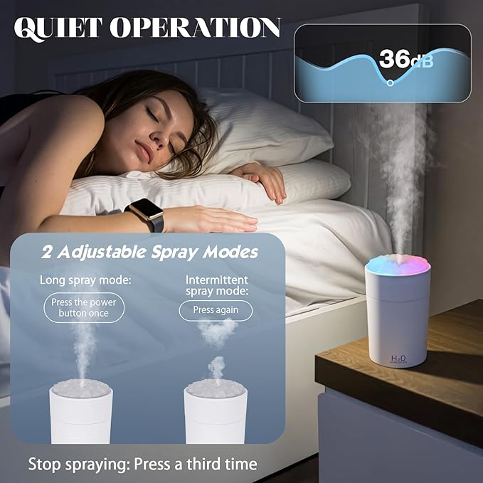 Portable Mist Humidifier Auto Shut-Off USB Powered 220ml Small Desktop Humidifiers with Colorful Light 2 Cool Spray Modes for Bedroom Office Car White