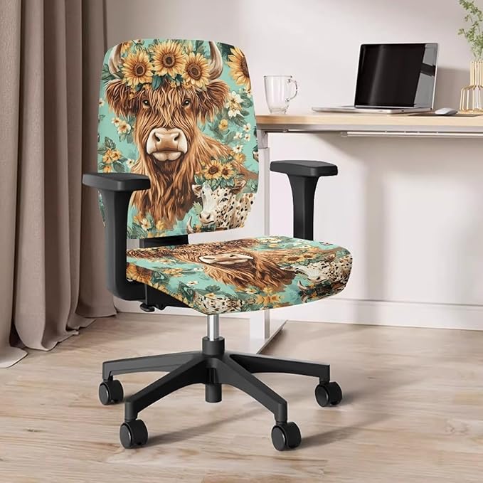 Highland Cow Office Chair Covers Stretchable Office Chair Seat Cover 2 Piece Sunflowers Gaming Chair Cover Universal Fit Wheelchairs,Computer Chairs,Gaming Chairs Brown