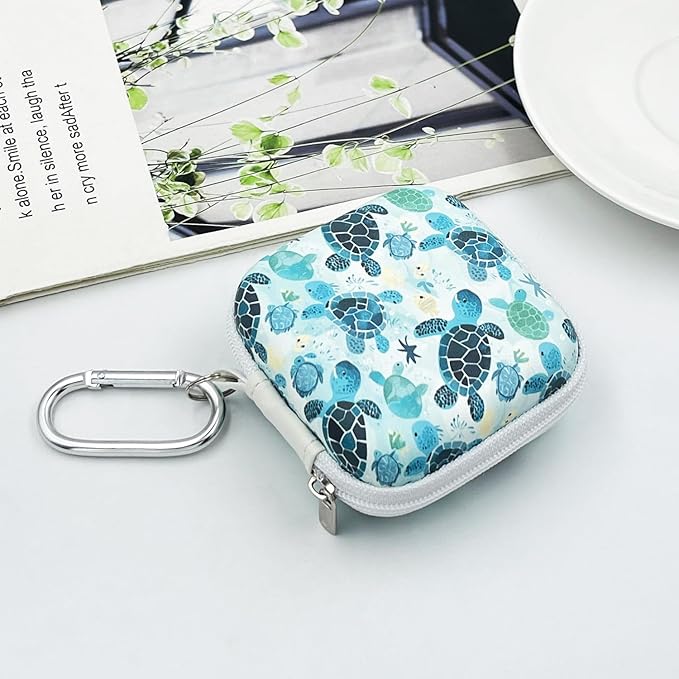 Earbud Case Headphone Organizer Ear Bud Case Portable EVA Carrying Box Storage Bag with Carabiner for AirPods Beats Bose Galaxy Buds 4/3/FE Data Cable Storage (Green Turtle)