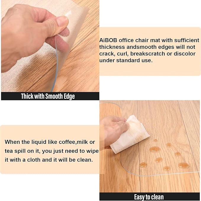 AiBOB Office Chair Mat for Hardwood Floor, 45 X 53 inches, Hard Floor Chair Mats Under Computer Desk, Easy Glide for Rolling Chairs, No Curling