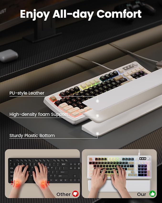 SABLUTE Wired Gaming Keyboard and Mouse, RGB Backlit Mechanical Feel PC Gaming Keyboard with Multimedia Knob & Anti-Ghosting Ergonomic Premium Leather Wrist Rest for Game (White)