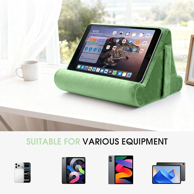 Multi-Angle Tablet Stand with Soft Pad Cushion and Net Pocket - Universal Lazy Holder for Lap, Knee, Sofa and Bed(Green)