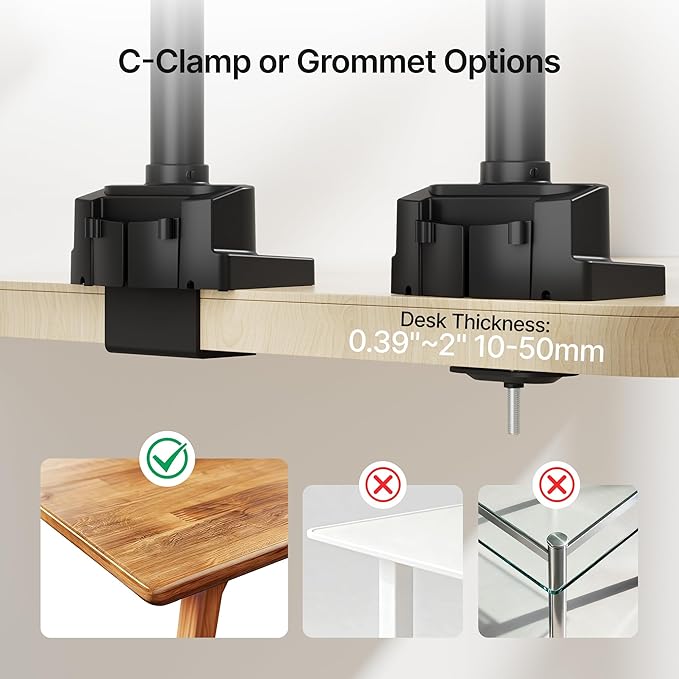 monTEK Triple Monitor Mount for Max 27 inch Computer Screens, Full Motion 3 Monitor Desk Mount Each Arms Holds up to 19.8lbs, Clamp & Grommet Mounting